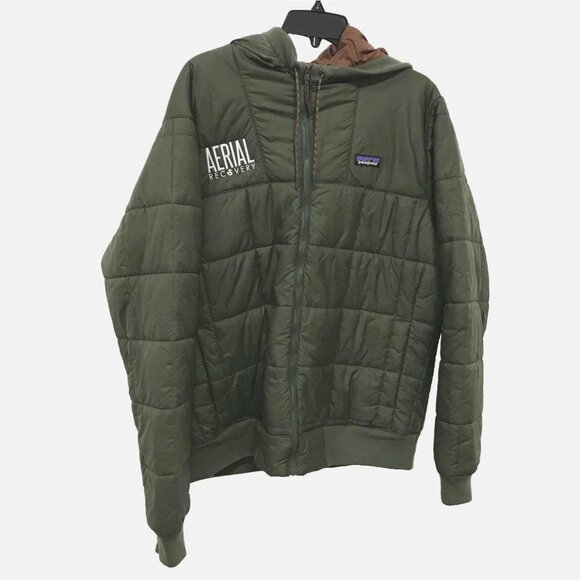Patagonia Men's L Box Quilted Hoody Olive Drab OD Green Custom Logo Puffy Puffer - Picture 1 of 11
